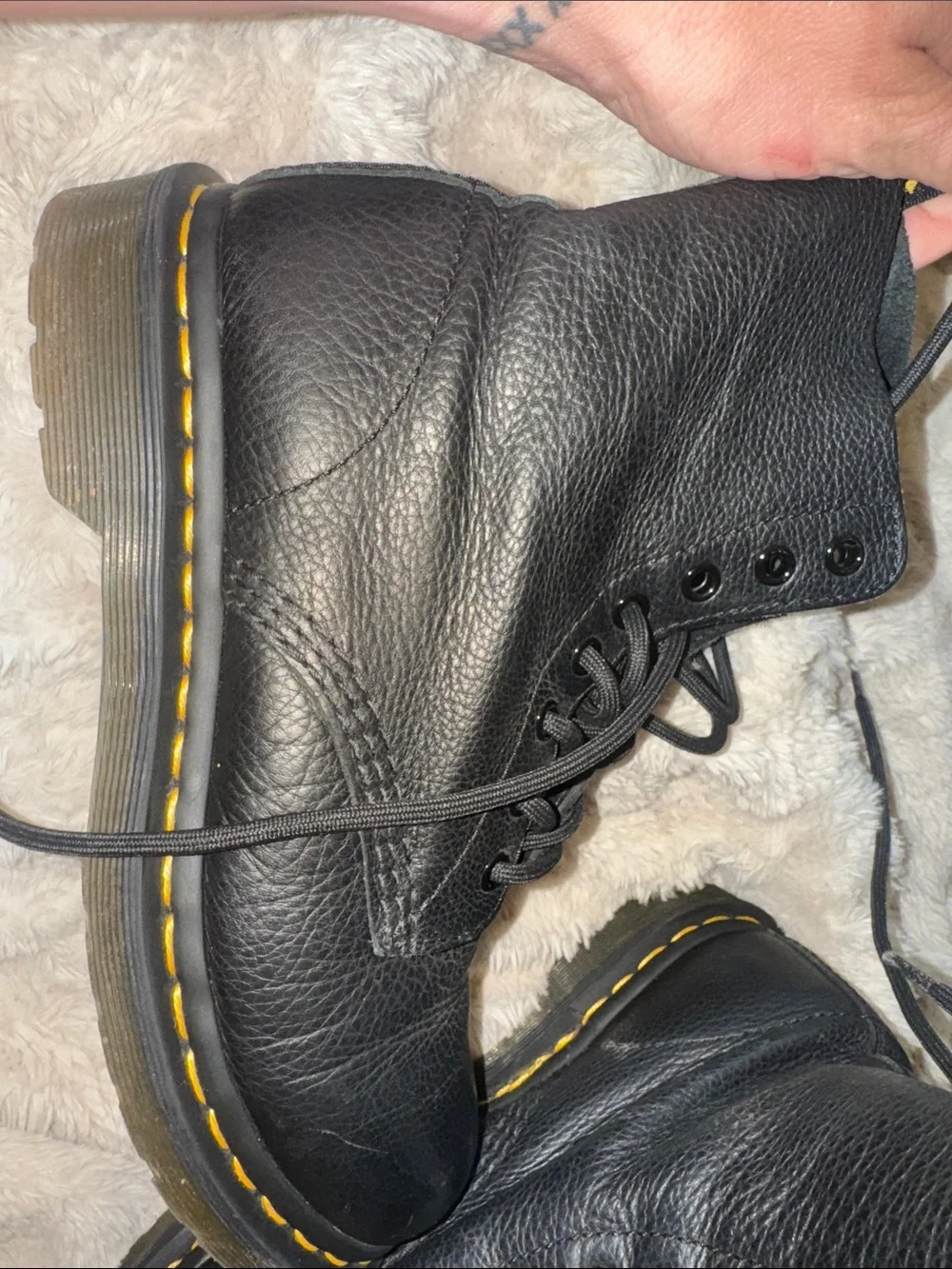 Dr. Martens Black 8-Eye Lace-Up Leather Boots with Yellow Stitching